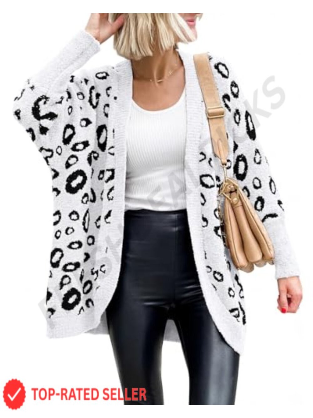 Knit Leopard Cardigan Batwing Sleeve Pockets